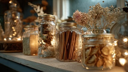 Close-up of various glass jars filled with dried spices, herbs, and natural elements, illuminated by warm fairy lights on a wooden shelf, creating a cozy and rustic ambiance.