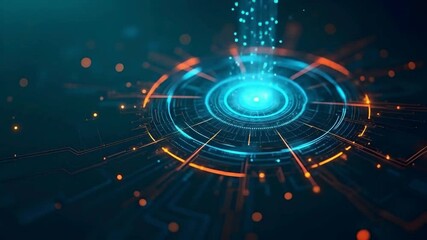 Futuristic digital hologram interface animation with glowing blue and orange circular data hub, high-tech cyber UI design, virtual technology visualization and innovation - Powered by Adobe