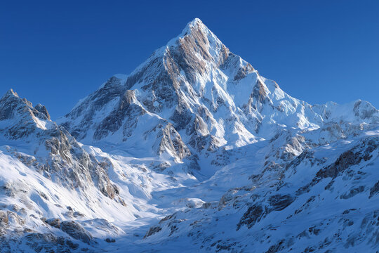 Majestic snow-covered mountain peak against clear blue sky