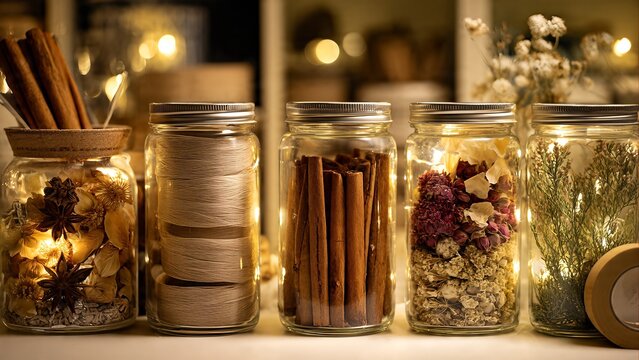 Five glass jars filled with aromatic spices, dried flowers, and herbs, illuminated by warm fairy lights in a cozy setting. - Powered by Adobe