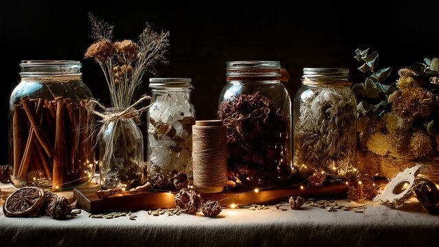 A collection of glass jars filled with dried herbs, spices, and botanicals, illuminated by warm fairy lights, creating a cozy and rustic atmosphere.