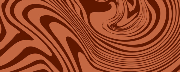 Retro coffee color background. Milk chocolate liquid desert texture. Wavy swirl candy pattern for poster, cover, banner, pamphlet. Brown trippy hippie wallpaper in 60s or 70s style. Vector