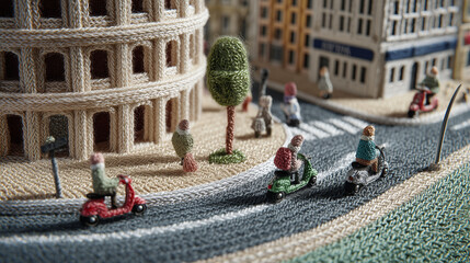 miniature city model, detailed architecture, tiny figures, brown and gray colors, soft depth of field, urban landscape, creative display,