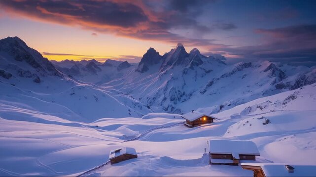 Snow-covered mountains and cozy cabins at sunset create a serene winter landscape in the Alps, showcasing nature's beauty and tranquility in a remote location