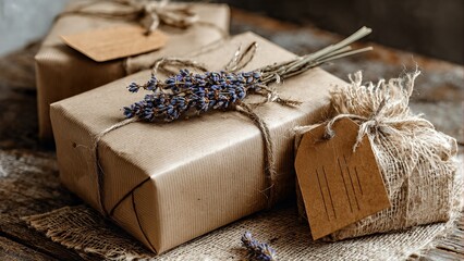 Rustic gift packages wrapped in brown paper with twine and dried lavender, ready for a special occasion.