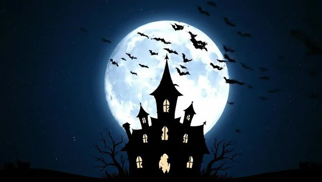 A spooky scene depicts a full moon, a haunted mansion silhouette, and bats. The bats flit across the moon