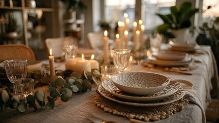A beautifully decorated dining table set with multiple lit candles and elegant dinnerware, creating a warm and inviting atmosphere for a special meal.