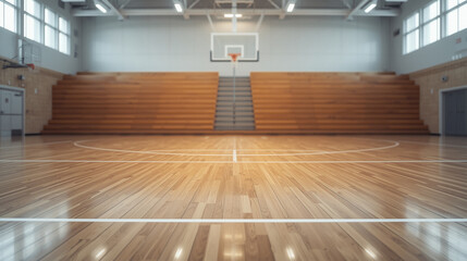 Basketball court with wooden floor, white lines, and bleachers.