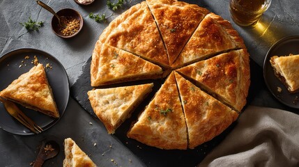 Top-down shot of Gosh Nan (Uyghur meat pie), whole pie and slices arranged neatly, visible filled interior, warm golden baked surface