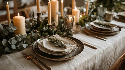 Elegantly set dining table with lit candles, green foliage, and rustic dinnerware, creating a warm and inviting atmosphere for a special occasion.