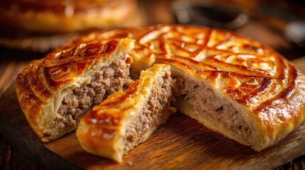 Gosh Nan, traditional Uyghur meat pie, golden crispy crust with flaky edges, rich minced lamb or beef filling, rustic hand-shaped pastry