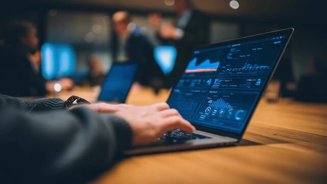 Medium shot featuring a business team reviewing verifiable blockchain sales reports on a laptop emphasizing trust and accountability in purchase processes