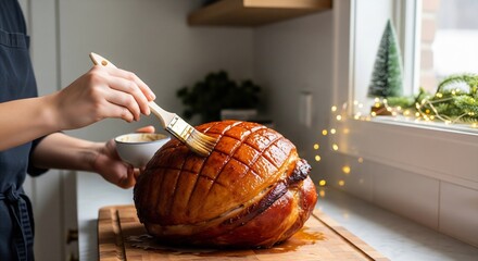 Person applying sweet holiday glaze to a scored baked ham on a wooden board in a kitchen