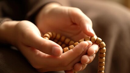 A pair of hands, gently cupping a prayer bead necklace, held in focus. Brown wood beads, softly lit