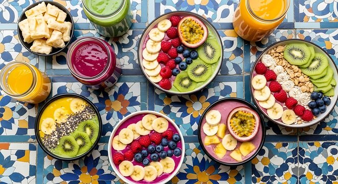 Vibrant breakfast smoothie bowls and juices on patterned tiles