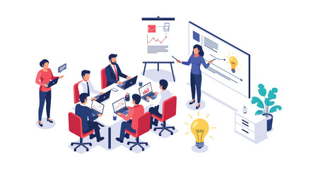 Business team collaborating and brainstorming new ideas during a strategic meeting with a presenter explaining concepts on a whiteboard.