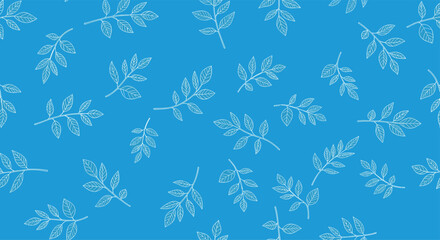 A repeating pattern of white hand-drawn leaf branches on a bright blue background, offering a fresh and clean botanical design.