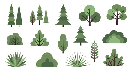 A collection of flat design green trees, bushes, and plants, representing various foliage types for natural and outdoor themes.