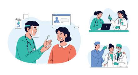 Healthcare professionals provide medical care and consultations, showing patient interaction, teamwork, and safety measures in a clinic setting.