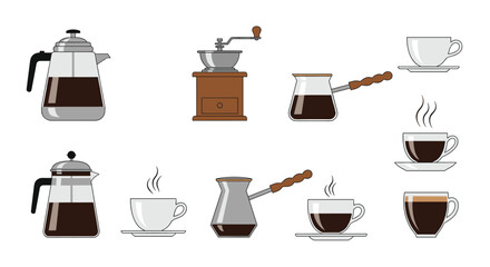 An illustrated set of coffee essentials, including brewing equipment like French presses and a grinder, along with diverse cups of hot coffee.
