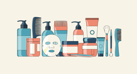 A diverse collection of beauty and personal care products, including skincare, hair care essentials, and makeup tools, presented as a clean illustration.