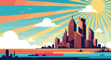 Flat design illustration of a vibrant cityscape with towering skyscrapers, a radiant sun, and clouds over a calm body of water.