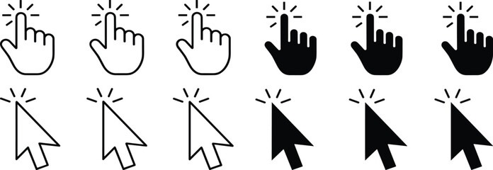 Cursor icon set, hand and arrow pointers, click symbols, UI interaction graphics, vector design, outline and filled styles