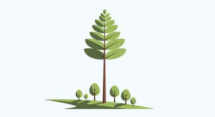 A minimalist flat design illustration of a tall central tree surrounded by smaller trees on a green sloping landscape under a light sky.