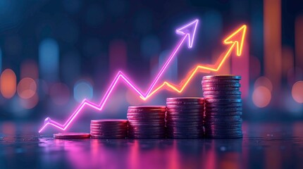 Digital visualization of a glowing neon data graph rising upward pink and blue color financial growth and success graphs floating in dark space.