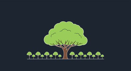 A prominent large green tree stands centrally, flanked by a row of smaller trees on a dark, minimalist background.