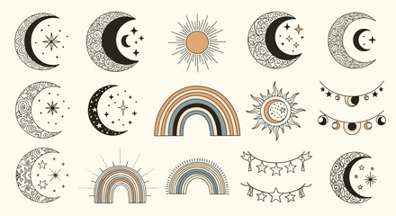 Boho celestial mystical elements set featuring crescent moons, stars, suns, and rainbows in earthy tones.