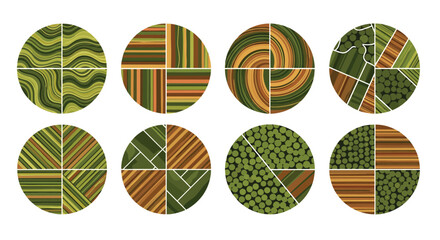 Abstract aerial view of diverse agricultural field patterns and land use designs within eight circular compositions.