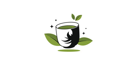 A graphic illustration featuring a white teacup with green tea, enhanced by fresh green leaves and subtle sparkles, conveying natural freshness and a healthy drink.