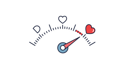 A stylized love meter with a red needle pointing high on the gauge, indicating strong feelings or maximum affection and passion.