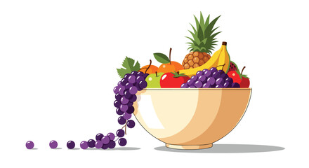 A colorful cartoon illustration of a fruit bowl brimming with fresh produce, including grapes, pineapple, bananas, and apples, on a white background.