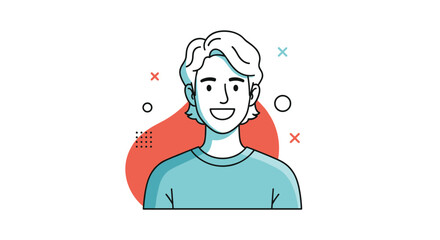 Smiling young man with wavy hair in a casual t-shirt, presented as a friendly cartoon illustration with abstract shapes in the background.