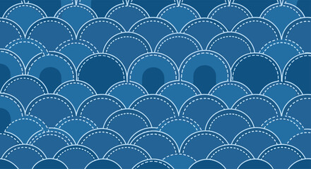A seamless blue denim-inspired pattern featuring interlocking scallop shapes with white dashed stitching and subtle darker pocket-like elements, creating a textured fabric design.