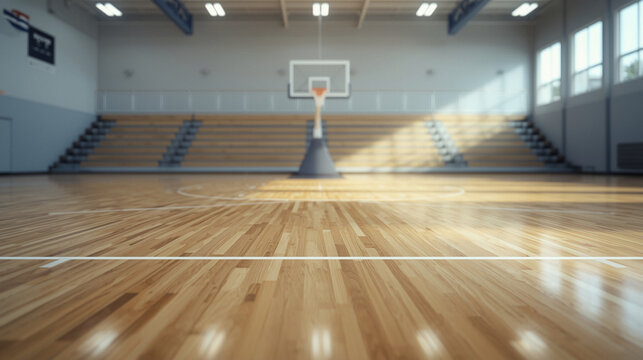 Basketball court with wooden floor and bleachers