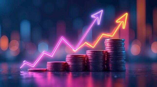 Digital visualization of a glowing neon data graph rising upward pink and blue color financial growth and success graphs floating in dark space. - Powered by Adobe