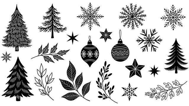 Set of black doodle Christmas and winter holiday elements.