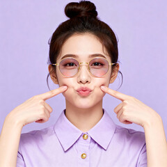Playful Asian Woman Wearing Round Tinted Glasses and Pointing Cheeks on Purple Background