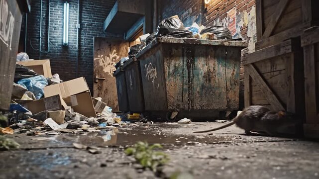 A rat runs across a wet dirty alleyway floor near overflowing dumpsters at night. This gritty urban scene highlights pollution and decay, ideal for crime or poverty concepts.
