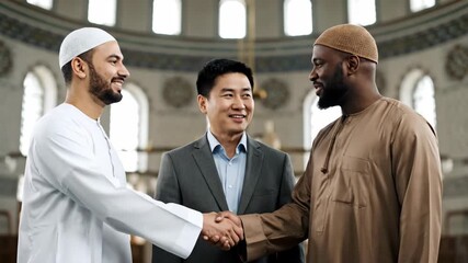 Three men in diverse attire shake hands inside a mosque, celebrating unity and respect. Their smiles convey optimism