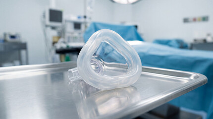 A clear anesthesia mask on a sterile steel tray in a clinical setting. STEM education sheets, lab safety posters, designed for STEM education and laboratory safety posters.