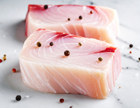 Raw organic swordfish steak filets, macro shot, selective focus. AI
