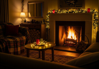 Cozy Christmas evening by a warm and inviting fireplace