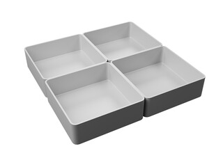 Empty Four-Compartment Modular Storage Organizer Box, Minimalist Square Tray Container Isolated on White Background for Product Photography and Decluttering Concepts