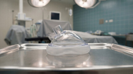 A clear anesthesia mask on a sterile steel tray in a clinical setting. STEM education sheets, lab safety posters, designed for STEM education and laboratory safety posters.