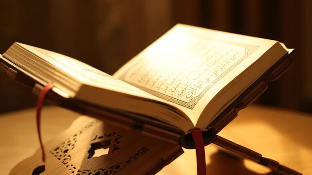 Open book with written text, resting on a wooden stand illuminated by warm light. Pages are crisp and clean with a red ribbon
