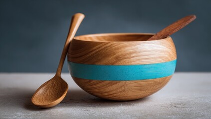 A large, light-brown wooden bowl with a teal inlay sits on a light-grey surface next to a smaller, matching wooden spoon.  The bowl is round and slightly wider than it is tall. The wood grain